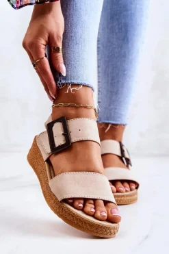 Damskie Zamszowe Sandały Big Star JJ276032 Beżowe