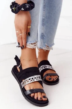 Damskie Zamszowe Sandały Czarno-Srebrne Asturia