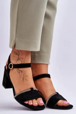 Damskie Zamszowe Sandały Na Niskim Słupku Czarne Loredo