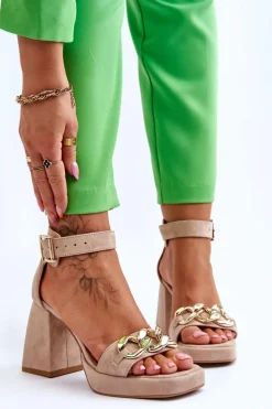 Damskie Zamszowe Sandały Na Masywnym Obcasie Lewski Shoes 3207 Beżowe