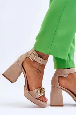 Damskie Zamszowe Sandały Na Masywnym Obcasie Lewski Shoes 3207 Beżowe