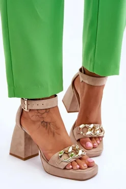 Damskie Zamszowe Sandały Na Masywnym Obcasie Lewski Shoes 3207 Beżowe