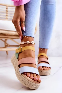 Damskie Zamszowe Sandały Na Sprzączkę Pastelowe Corestra