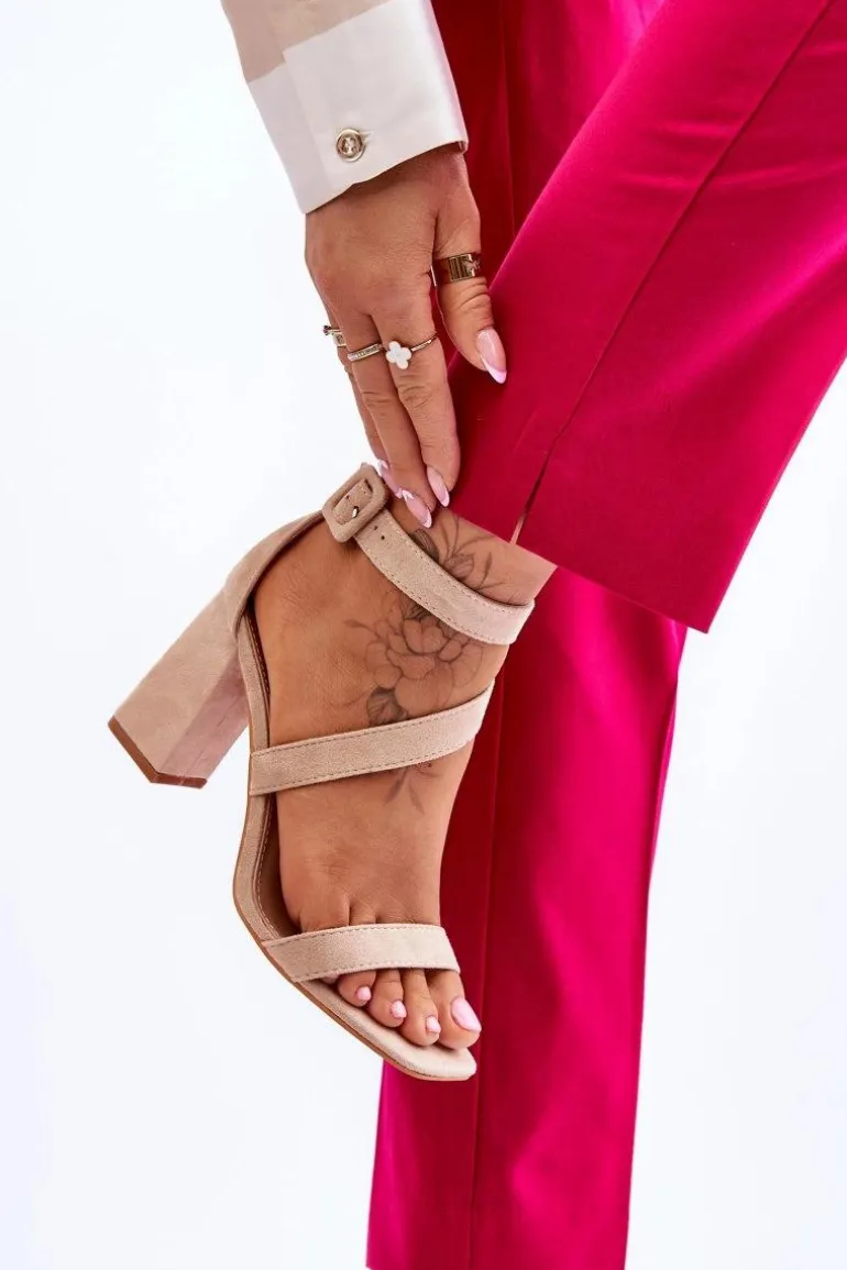 Damskie Zamszowe Sandały Na Obcasie Beżowe Lanes