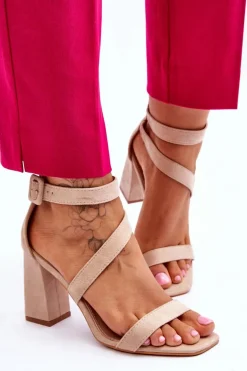 Damskie Zamszowe Sandały Na Obcasie Beżowe Lanes