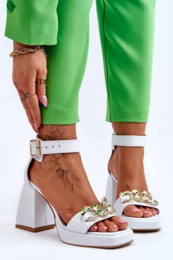 Damskie Zamszowe Sandały Na Masywnym Obcasie Lewski Shoes 3207 Białe