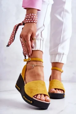 Damskie Zamszowe Sandały Na Koturnie Żółte Cortena