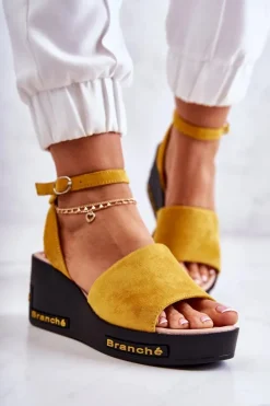 Damskie Zamszowe Sandały Na Koturnie Żółte Cortena