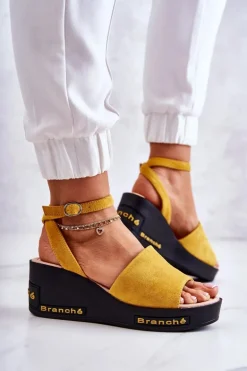 Damskie Zamszowe Sandały Na Koturnie Żółte Cortena