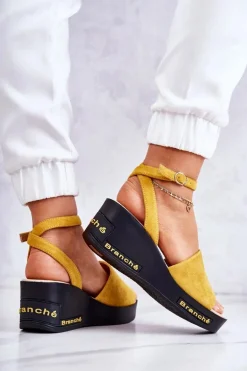 Damskie Zamszowe Sandały Na Koturnie Żółte Cortena