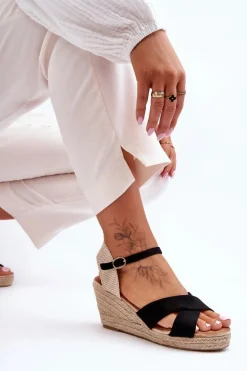 Damskie Zamszowe Sandały Na Plecionym Koturnie Czarne Tessa