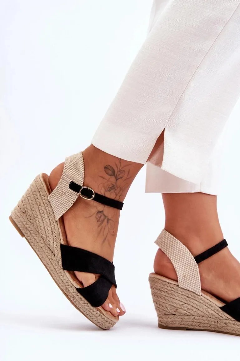 Damskie Zamszowe Sandały Na Plecionym Koturnie Czarne Tessa