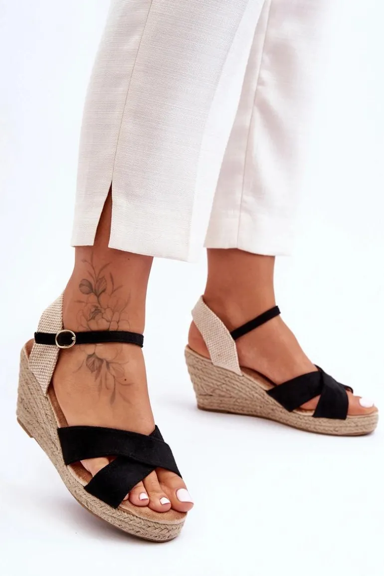 Damskie Zamszowe Sandały Na Plecionym Koturnie Czarne Tessa