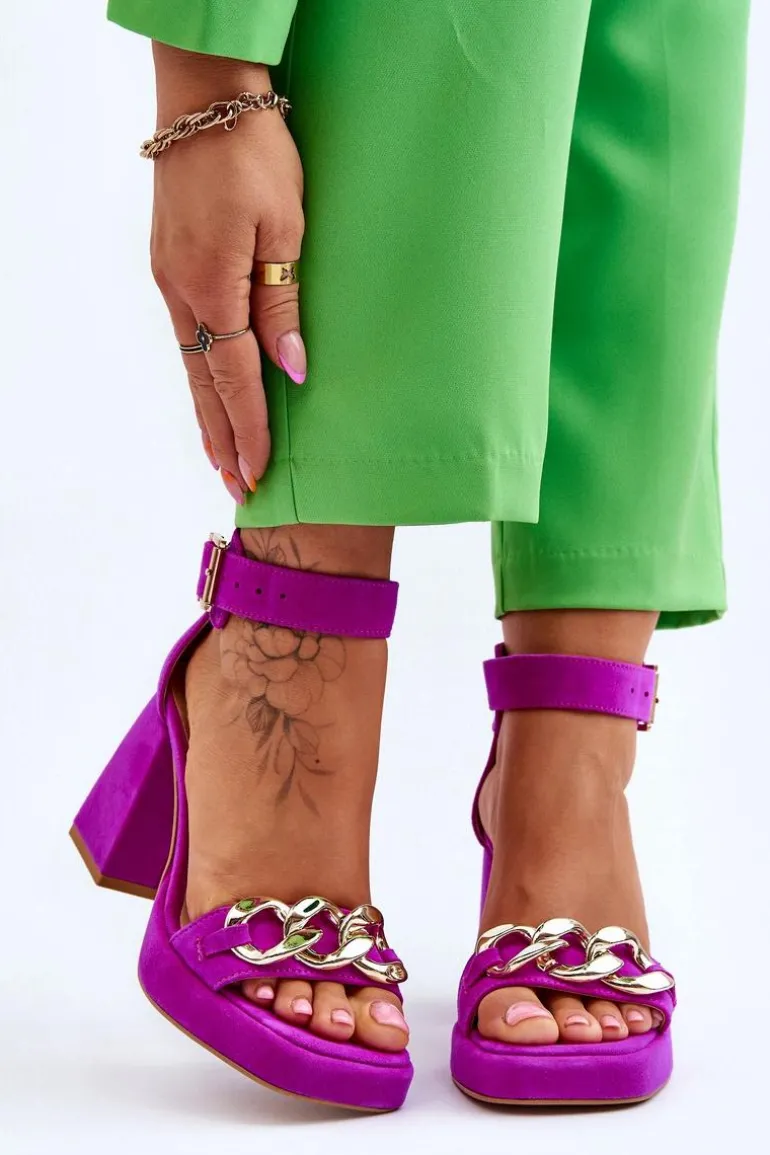 Damskie Zamszowe Sandały Na Masywnym Obcasie Lewski Shoes 3207 Fuksja