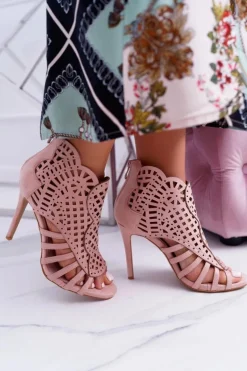 Damskie Zamszowe Sandały na Szpilce Pudrowy Róż Viviane