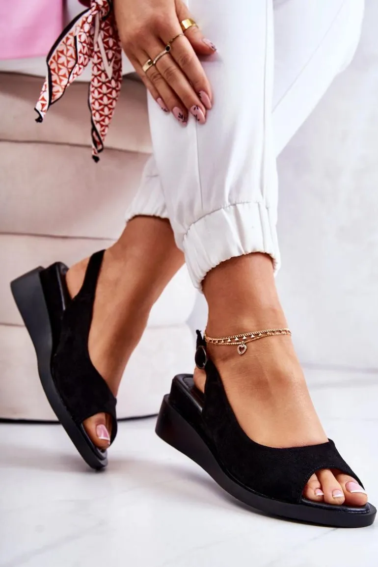 Damskie Zamszowe Sandały Na Sprzączkę Czarne Camille