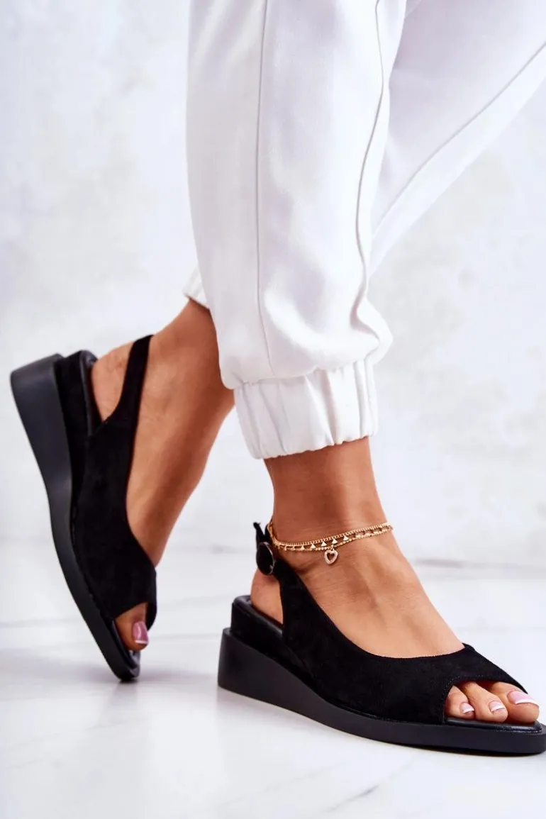 Damskie Zamszowe Sandały Na Sprzączkę Czarne Camille