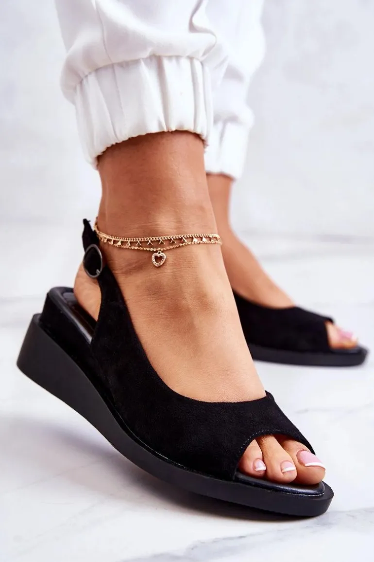 Damskie Zamszowe Sandały Na Sprzączkę Czarne Camille