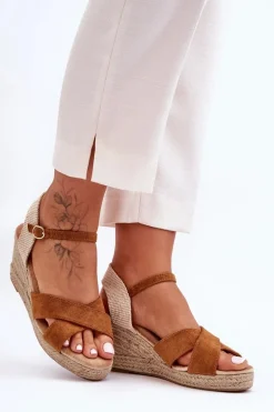 Damskie Zamszowe Sandały Na Plecionym Koturnie Camel Tessa