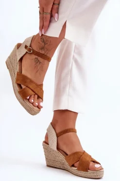 Damskie Zamszowe Sandały Na Plecionym Koturnie Camel Tessa