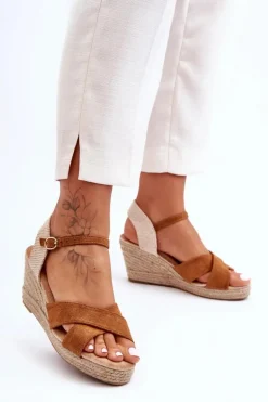 Damskie Zamszowe Sandały Na Plecionym Koturnie Camel Tessa