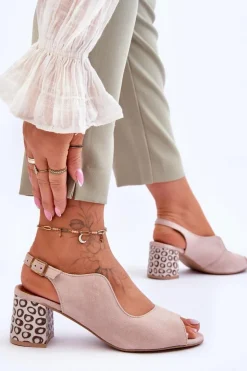 Damskie Zamszowe Sandały Na Słupku Maciejka 05870-04 Beżowe