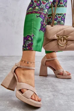 Damskie Zamszowe Sandały Na Obcasie Lewski Shoes 3221 Beżowe