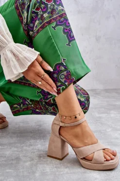 Damskie Zamszowe Sandały Na Obcasie Lewski Shoes 3221 Beżowe