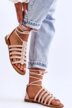 Damskie Zamszowe Sandały Rzymianki Beżowe Sempre