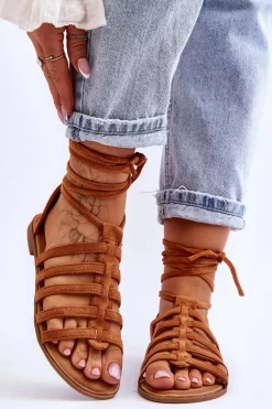 Damskie Zamszowe Sandały Rzymianki Camel Sempre