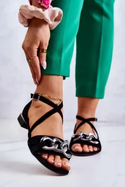 Damskie Zamszowe Sandały Z Łańcuchem Laura Messi 2365 Czarne