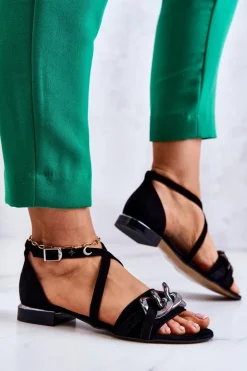 Damskie Zamszowe Sandały Z Łańcuchem Laura Messi 2365 Czarne