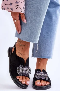 Damskie Zamszowe Sandały Z Kamieniami Czarne Mersea