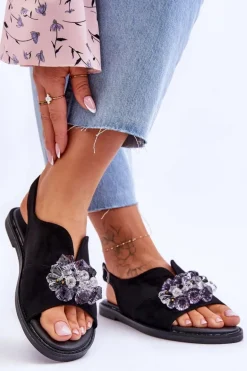 Damskie Zamszowe Sandały Z Kamieniami Czarne Mersea