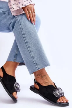 Damskie Zamszowe Sandały Z Kamieniami Czarne Mersea