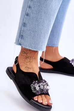 Damskie Zamszowe Sandały Z Kamieniami Czarne Mersea
