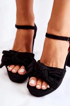 Damskie Zamszowe Sandały Z Kokardą Czarne Reina