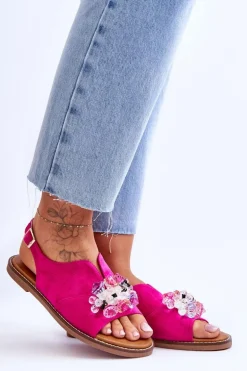 Damskie Zamszowe Sandały Z Kamieniami Fuksja Mersea