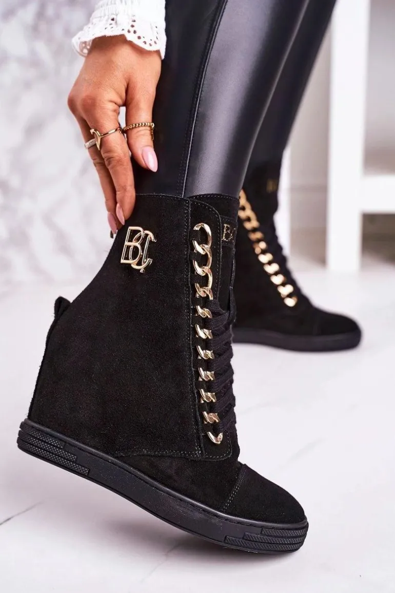Damskie Zamszowe Sneakersy BOOCI 2222/066/z Złoty Łańcuch Czarne