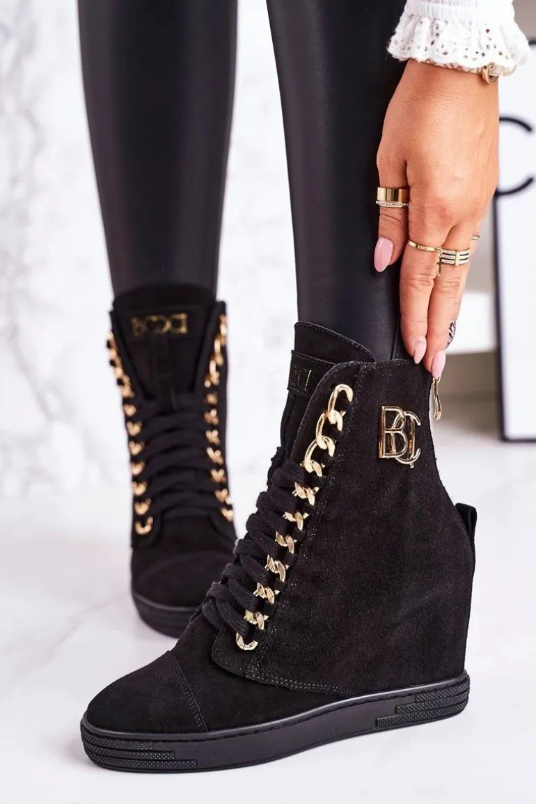 Damskie Zamszowe Sneakersy BOOCI 2222/066/z Złoty Łańcuch Czarne