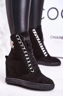 Damskie Zamszowe Sneakersy BOOCI 2222/066/s Srebrny Łańcuch Czarne