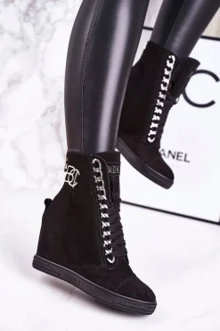 Damskie Zamszowe Sneakersy BOOCI 2222/066/s Srebrny Łańcuch Czarne