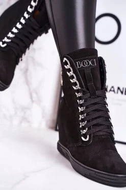 Damskie Zamszowe Sneakersy BOOCI 2222/066/s Srebrny Łańcuch Czarne