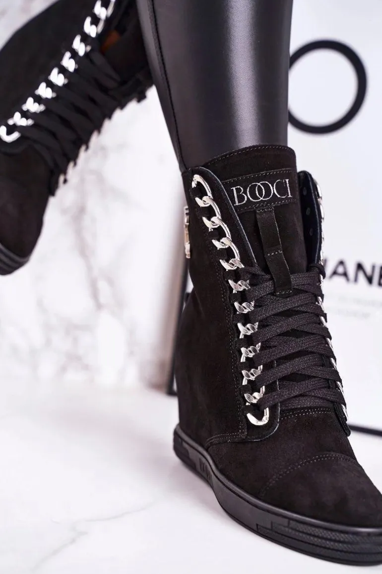 Damskie Zamszowe Sneakersy BOOCI 2222/066/s Srebrny Łańcuch Czarne