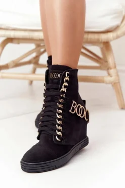 Damskie Zamszowe Sneakersy BOOCI 2222 Złote Litery Czarne