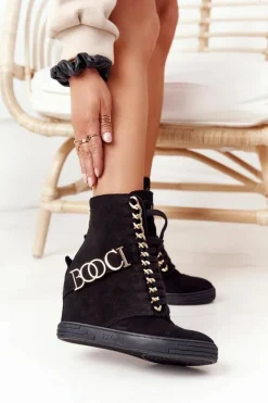 Damskie Zamszowe Sneakersy BOOCI 2222 Złote Litery Czarne