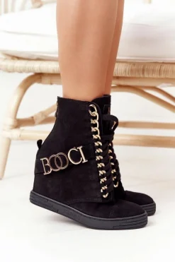 Damskie Zamszowe Sneakersy BOOCI 2222 Złote Litery Czarne
