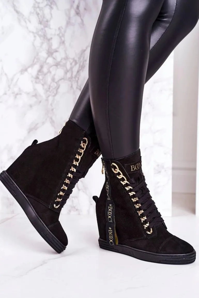 Damskie Zamszowe Sneakersy Z Tasiemką BOOCI 2222/543/z Czarne