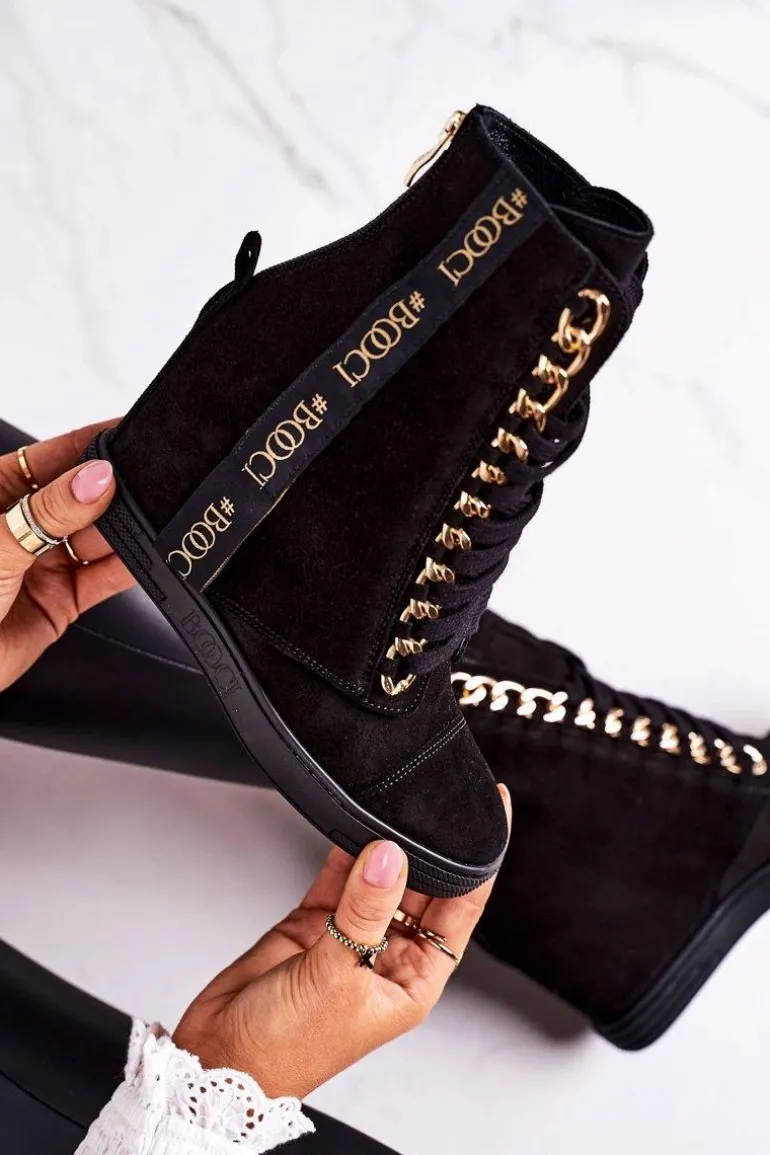Damskie Zamszowe Sneakersy Z Tasiemką BOOCI 2222/543/z Czarne