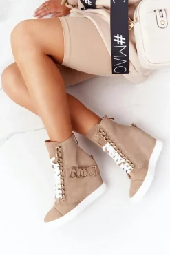 Damskie Zamszowe Sneakersy BOOCI Złote Litery Jasny Camel